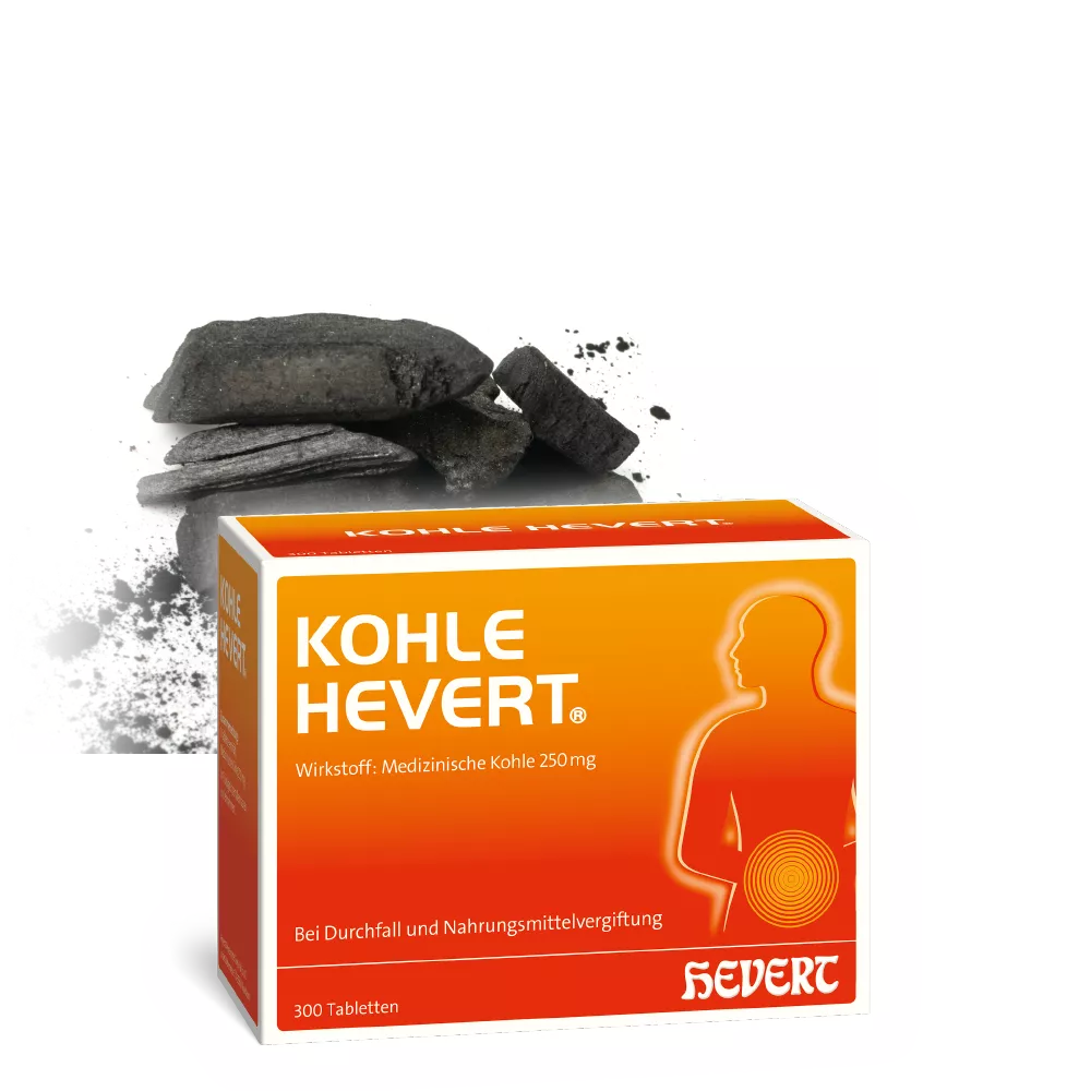 Kohle Hevert bei Durchfall und Lebensmittelvergiftung 300 Tabletten